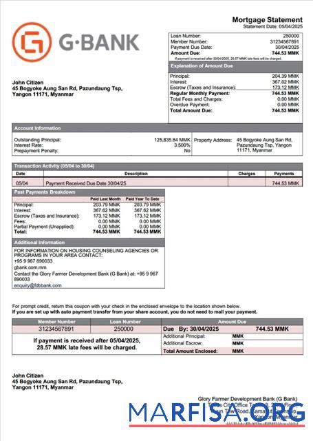 Printable Myanmar Glory Farmer Development Bank (G Bank) mortgage statement Word and PDF template